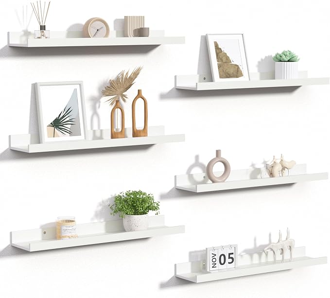 upsimples Floating Shelves for Wall Decor and Storage, White, 6Pcs 23.6'' | Wall Mounted Wood Shelves for Living Room, Bedroom, Bathroom, Kitchen, Office, Nursery Room, Coffee Bar Display and Organize