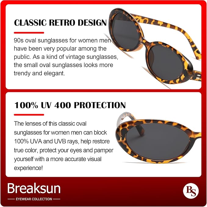 Breaksun Retro Oval Sunglasses for Women Men Fashion Small Oval Sunglasses 90s Vintage Shades