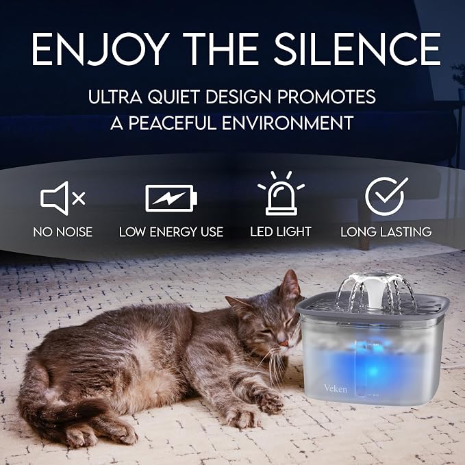 Veken Innovation Award Winner 95oz/2.8L Cat Water Fountain | Automatic Pet Fountain Dog Water Dispenser with Replacement Filters & Silicone Mat for Cats, Dogs (Transparent Grey, Plastic)