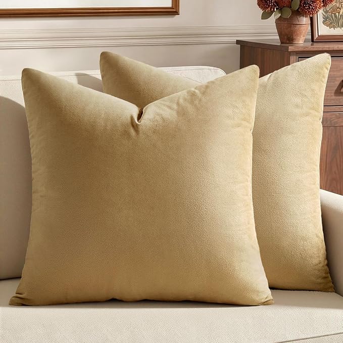 MIULEE Velvet Throw Pillow Covers 20x20 Inch Pack of 2 Khaki | Soft Solid Decorative Pillow Covers, Modern Luxury Home Decor, for Couch Chair Sofa Bedroom Livingroom