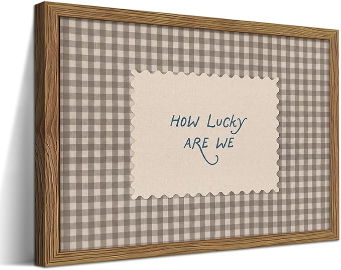 How Lucky Are We Wall Art, Vintage Gingham Inspirational Canvas Wall Decor Painting, Funky Preppy Stripe Quotes Poster Print Picture for Bedroom Dorm Apartment Decor 16x24 Inch Framed