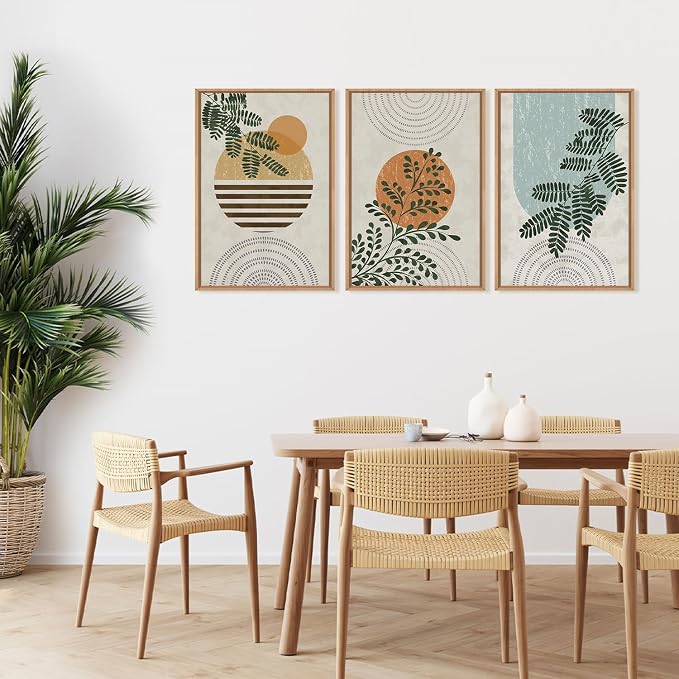 FWIEXA Framed Boho Canvas Wall Art Set, Sage Green Botanical Pictures Wall Decor, Abstract Plants Art Prints, Mid Century Modern Geometric Wall Painting, 3 Panel 16x24 Inches for Living Room, Bedroom, Office