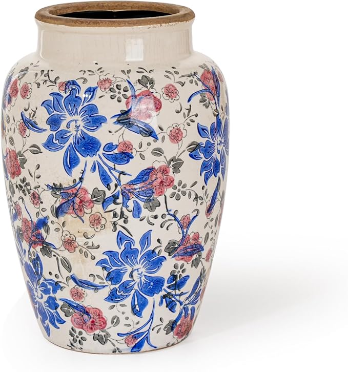 Sungmor Ceramic Flower Vase, Vintage Blue Ice Cracked Glaze Porcelain Vase | Pretty Home Decor Vase for Flower Arrangement, Fresh Flowers, 10.2 Inch Tall Chinoiserie Pottery Vase, Green Floral Pattern