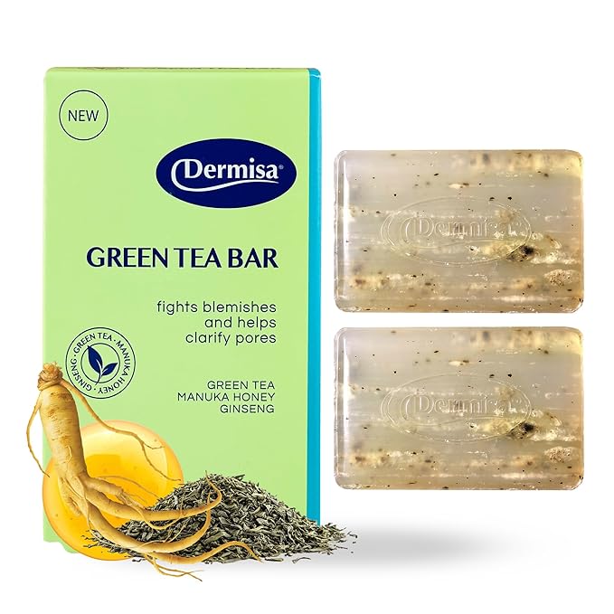 Dermisa Green Tea Bar with Manuka Honey and Ginseng, Gently Exfoliating Antioxidant Soap for Acne-Prone Skin and Daily Cleansing, 3.0 Oz, Pack of 2