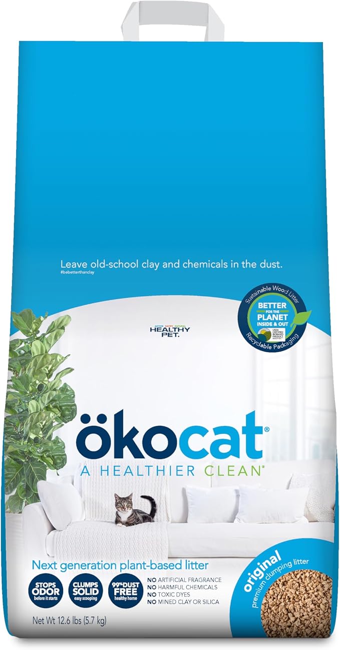 ökocat Original Wood Clumping Cat Litter, Unscented, 12.6 Pounds - Natural Ingredients, Stops Odor, Clumps Solid, 99% Dust Free, Lightweight Litter, Great for All Cats