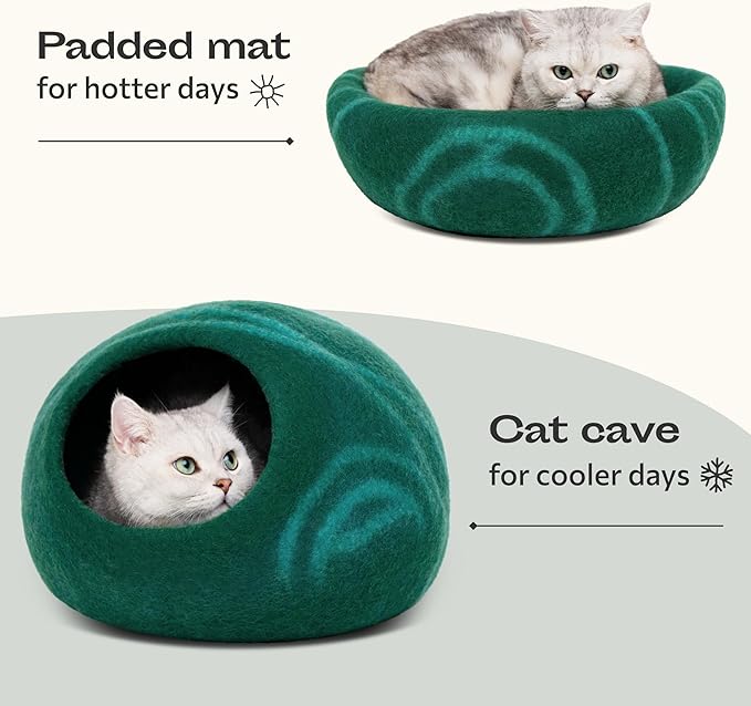 Cat Cave - Merino Wool Bed for Indoor Cats (Emerald, Medium) | Cat Bed Enclosure, Premium Felt, Handmade, Super Soft, Lightweight, Breathable, Adjustable Shape