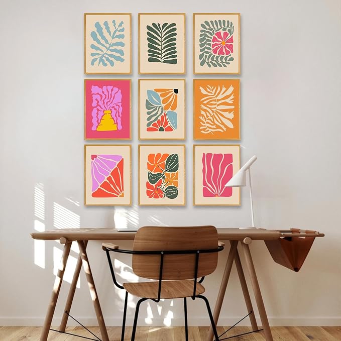 Abstract Botanical Prints Set of 9, Colorful Eclectic Gallery Wall Art Wavy Flower Floral Plant Wall Decor, Aesthetic Bedroom Decor Canvas Artwork Painting, Maximalist Art Prints & Posters for Boho | Canvas Prints, Unframed, Matisse Preppy Pictures, Wa...