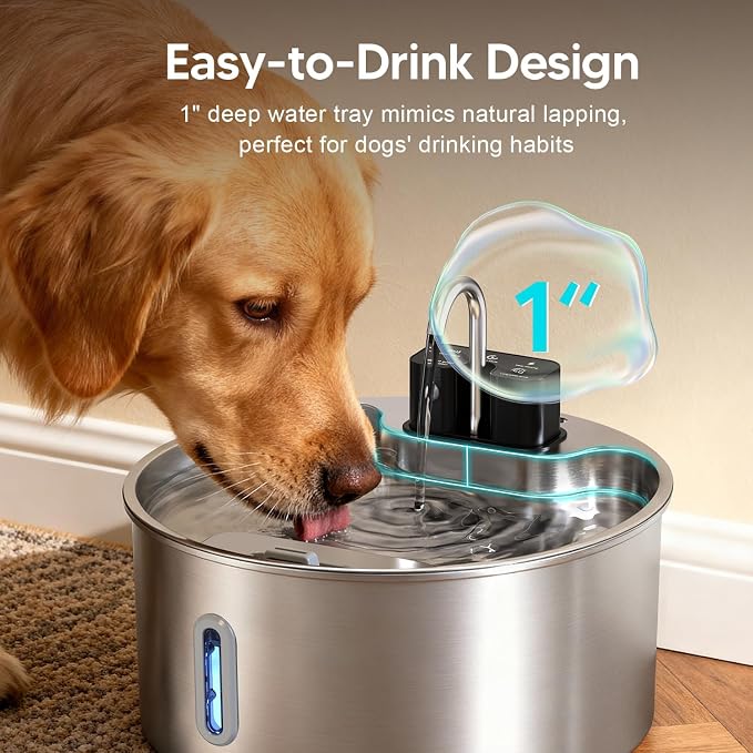Voluas 7L Wireless Dog Water Fountain with 1 Filter, Stainless Steel | 236oz capacity, 4-layer filtration, ultra-quiet pump, water level window, easy clean for large dogs