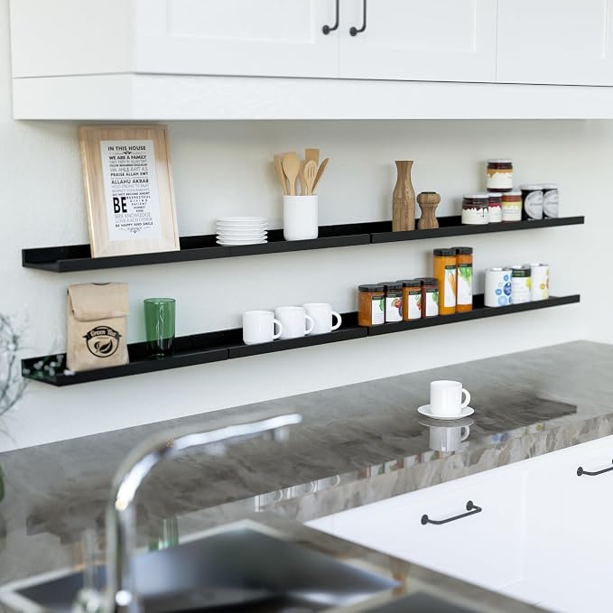 RICHER HOUSE 8-Set Floating Shelves with Lip, Black Wall Mounted Wood Shelf | Display Picture Ledge Shelf, Anti-drop lip Shelf for Room Wall Decor, Bedroom Bathroom Storage Nursery Hanging Book Shelves