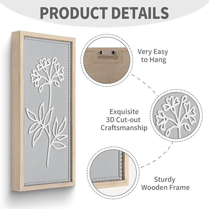 Gray Bathroom Wall Decor Set of 2, Rectangular 3D Wooden Floral Wall Art | Raised white floral cutouts in rectangular frames, ready to hang; neutral boho farmhouse decor for bedroom and hallway walls