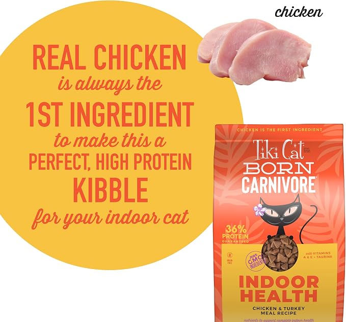 Tiki Cat Born Carnivore Indoor Health, Chicken & Turkey Meal, 12 lbs Bag | Formulated for Indoor Cats, Crunchy Kibble Texture, Real Animal Protein, Non-GMO Ingredients, Minimally Processed