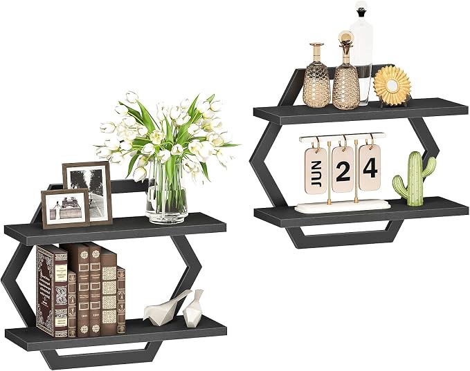 Hexagon Floating Shelves for Wall, Set of 2, 2 -Tier Hanging Shelves, Wall Mounted Storage Shelves, for Living Room, Bedroom, Kitchen, Home Office, Study, Black TBJ06P2BB