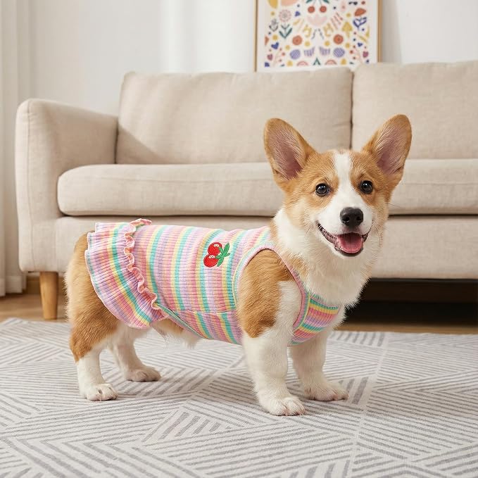 Jmkcoz Cute Striped Dog T Shirts Puppy Dress Pet Sleeveless Vest Clothes | Pink, Medium, Soft, Lightweight, Breathable, Washable, Worn in All Seasons, Cherry Dog Shirts for Small Dogs Cats Chihuahuas