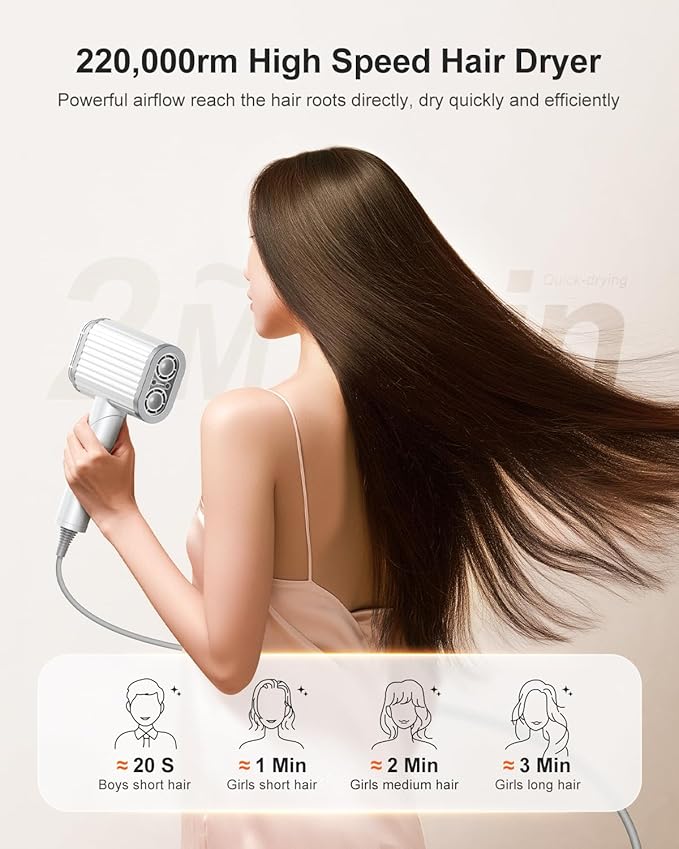 Tqcir Hair Dryer, 220,000 RPM Dual High-Speed Brushless Motors Blow Dryer for 6X Fast Drying, 500 Million Negative Ionic Hair Dryers for Long Thick Hair, Low-Noise 4 Temps /4 Speeds