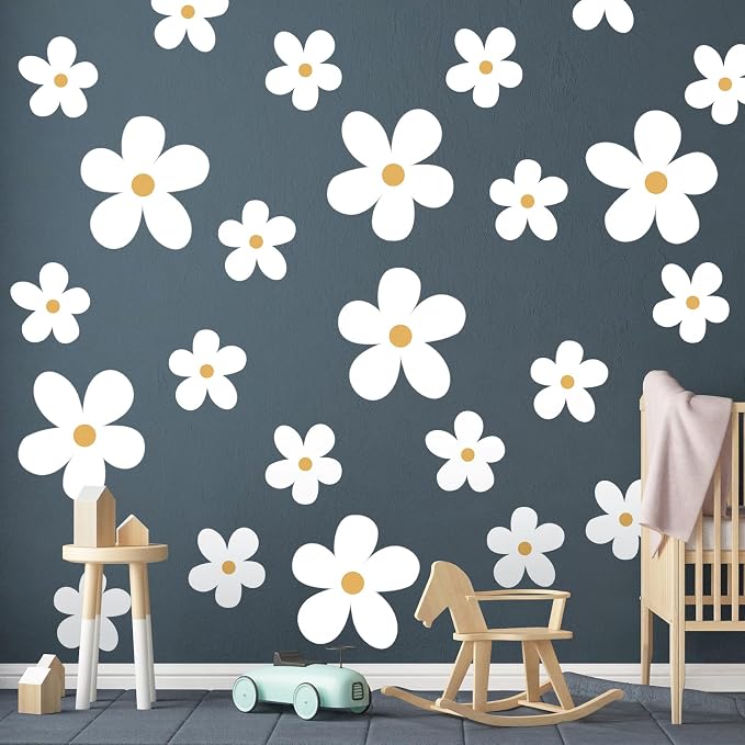 TaoBary 12 Sheet Daisy Wall Sticker Decal,White, Yellow,Stylish Style | Big Flower Wall Sticker, Pink White Floral Decal, Daisy Bedroom Room Decor, Removable Peel and Stick, Nursery Home Wall Decor