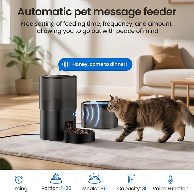 Automatic Cat Feeder and Water Fountain 2-in-1, Smart Timed Cat Food Dispenser with 2.4G WiFi APP Control, Automatic Dog Feeder and Water Dispenser with 10s Voice Recorder for Cats Small Dogs