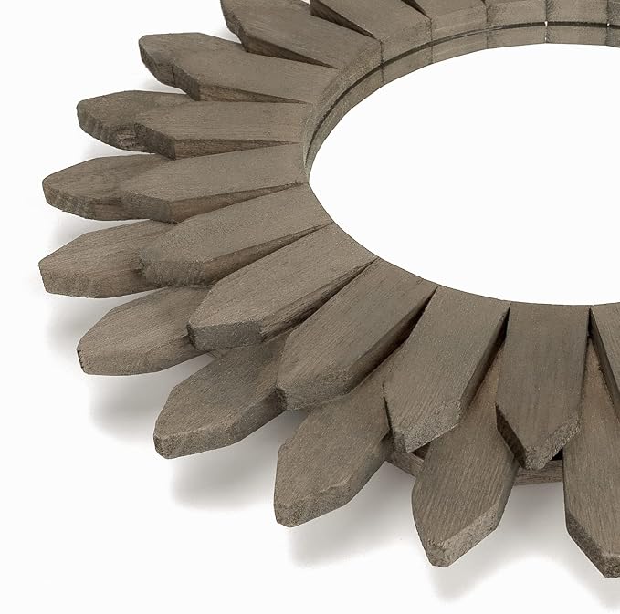 Farmhouse Wall Decor Mirror 12 inch Sunburst Boho Wood Mirror Rustic Home Decor Room Decoration for Bedroom Living Room Weathered Grey