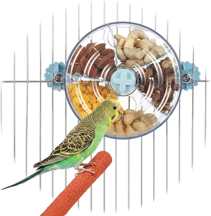 Bird Foraging Toy Interactive Slow Feeder with Rotating Treat Wheel Creative Enrichment Puzzle for Small & Medium Parrots Cockatiel Parakeet Conure - Blue