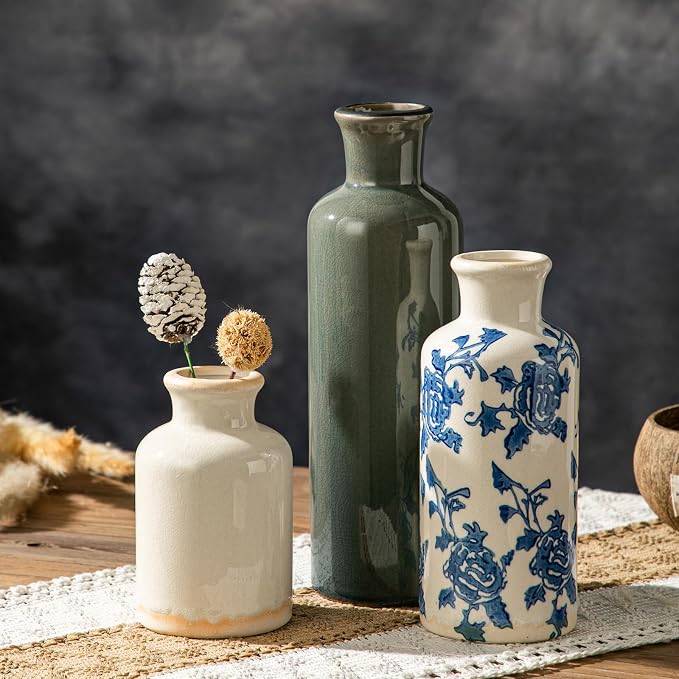 3Pcs Vintage Blue White Floral Ceramic Vase Set, Chinoiserie Farmhouse Decor Vases for Home Table Kitchen Living Room
