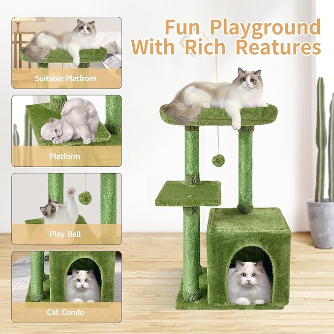 FISH&NAP Cute Cat Tree Kitten Cat Tower for Indoor Cat Condo Sisal Scratching Posts with Jump Platform Cat Furniture Activity Center Play House Green | FISH&NAP For Indoor Jump Platform Activity Center Play House Green