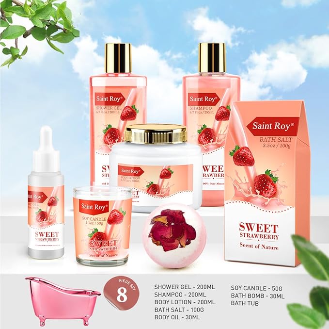 Mothers Day Gifts, Spa Kit for Women, Bath & Body Gift Set, Home Spa Bath Gift Basket, Strawberry Scented Bath Set Christmas Gifts, Pamper Kit for Girls & Teens, Birthday Gift, Bath Self Care Gift
