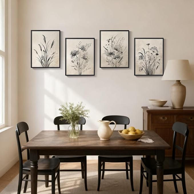 Framed Vintage Floral Botanical Wall Art for Living Room, 4 Piece 12x16 In | Neutral rustic artwork, Modern farmhouse wall decor, Canvas prints, Flower pictures, Kitchen bedroom hallway home decor