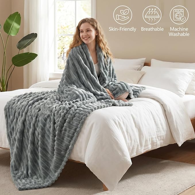 Gray Throw Blanket for Couch & Bed, 50 x 60 Inch | 300GSM Ribbed Fleece Blanket, Soft, Cozy & Lightweight, OEKO-TEX Certified, All-Season Use for Travel, Dorm & Home Decor