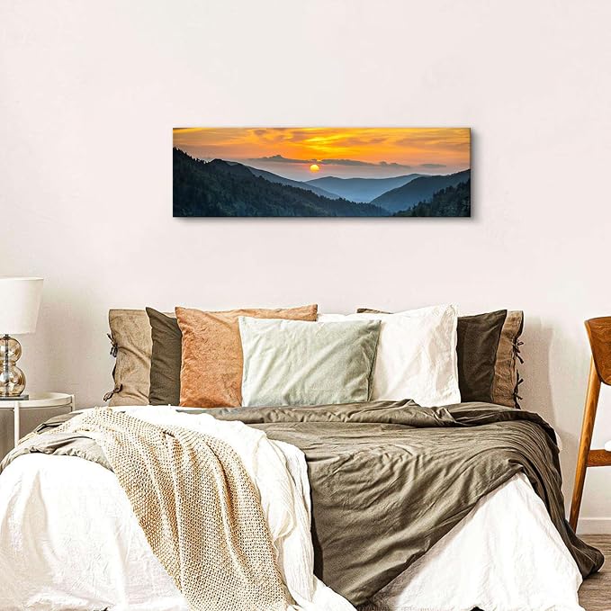 Sunset Blue Ridge Mountain Wall Art for Living Room Nature Wall Decor Smoky Mountain Landscape Picture National Park Poster Canvas Prints Misty Forest Scenic Painting Artwork Office Decorations 14x48”
