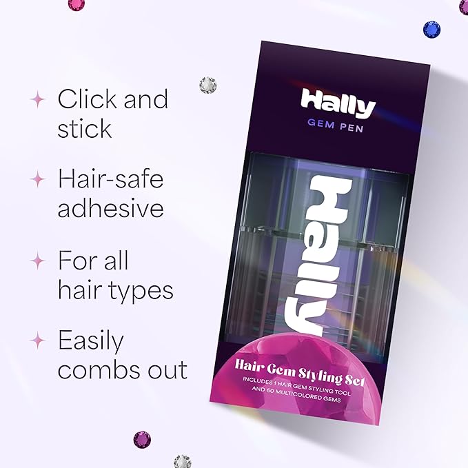 Hair Gem Pen for Girls – 240 Stick-On Hair Gems & Stamper Tool – Hair Jewels Kit for Kids, Festivals, School, Halloween, Parties, Weddings – Easy to Apply & Remove – Hair Accessories by Hally Hair