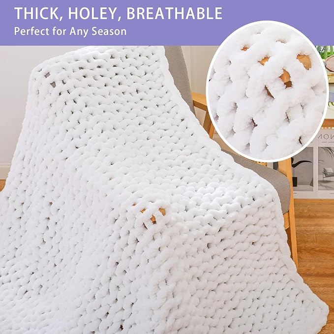 Bigacogo Chunky Knit Throw Blanket for Couch, 51x63 inches, Pure White | Hand Knit with Jumbo Chenille, Soft Breathable Cable Knit for Sofa Bed Living Room, Machine Washable, Gift for Mom Friend