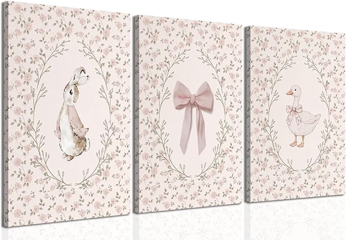 Baby Girl Nursery Wall Art Set of 3, Vintage Cottage Core Nursery Decor, Pink Bow Rabbit Goose Poster Print, Cute Floral Animal Canvas Pictures for Girls Room Kids Bedroom Framed 12x16 Inch