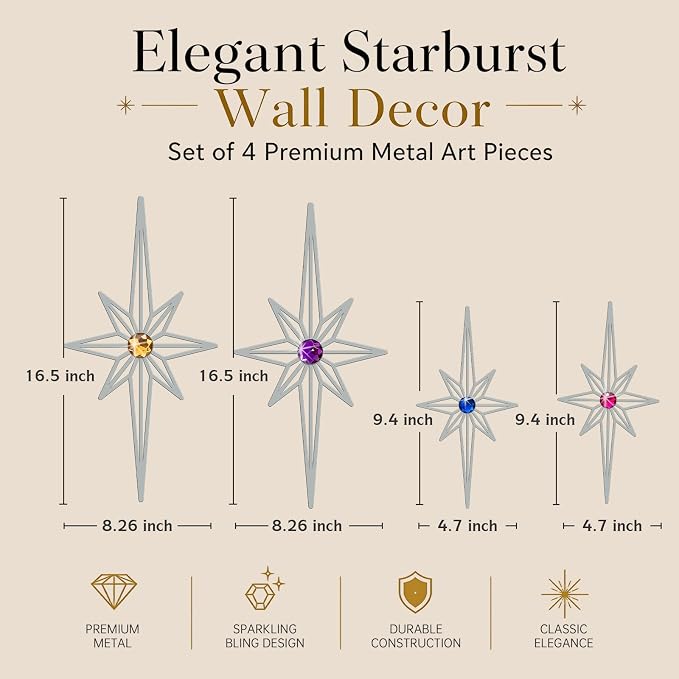 sxnzequnze 4 Pcs Star Wall Art for Home Decor Living Room Bedroom Office Metal 3D,Bling,with Hanging Hook Starburst Midcentury Sculpture Retro Gallery Accent Celestial -Silver 16.5in/9.4in
