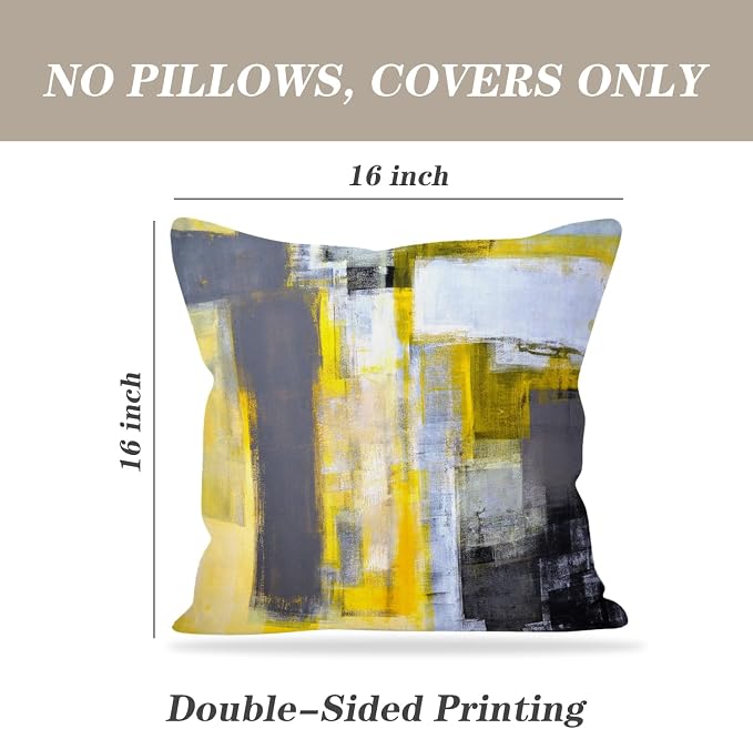 Yellow and Grey Abstract Art Artwork Pillow Cover, Gallery Modern Decorative Throw Pillows Cushion Cover for Bedroom Sofa Living Room 16 x 16 Inch Set of 2