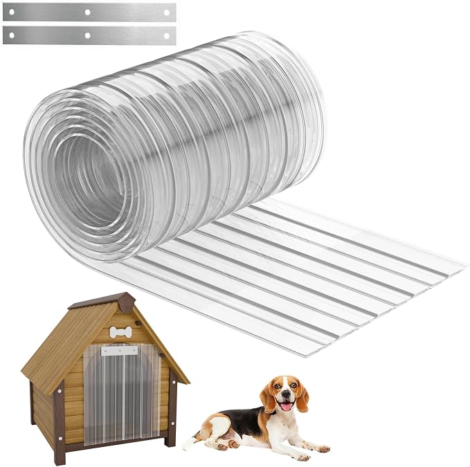 Dog House Door Flap with Metal Strips 7.5 in x 70 in | Plastic Vinyl Dog Door Strips, Cat House Flap for DIY Doggie Door - Doghouse Weather Insulation Flap