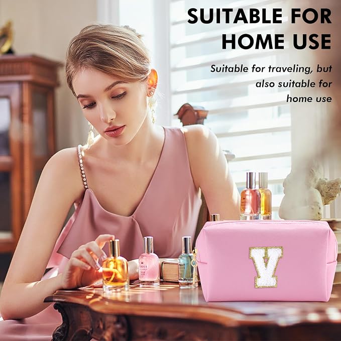 URSKYTOUS Initial Makeup Bag Personalized Preppy Travel Small Cosmetic Bag Cute PU Pink Chenille Letter Makeup Pouch for Purse Waterproof Zippered Toiletry Organizer for Women Girls Kids Friends (V)