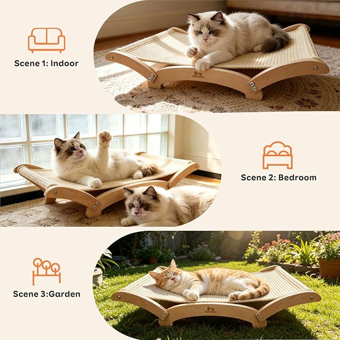 Extra-Large Sisal Cat Scratcher Bed for Indoor Cats, Cat Scratching Post with Hammock Nartural Sisal Scratch Pad for Large Cats Scratcher Lounge Chair, Wooden Cat Furniture (Light Nartural)