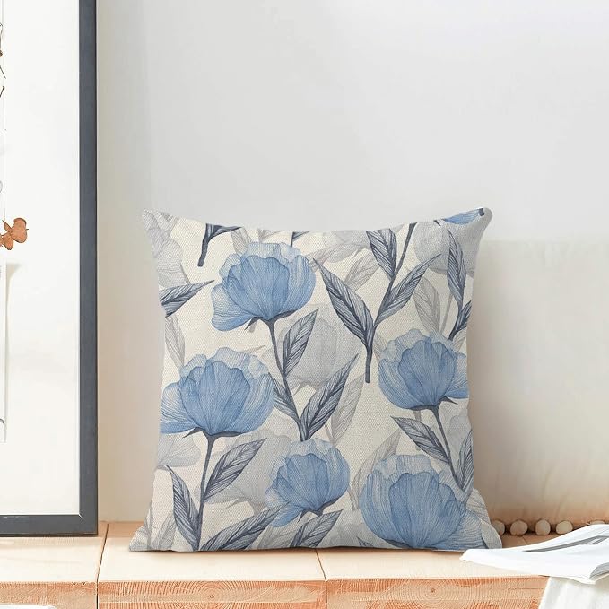 Floral Pillow Covers 18x18 Inches Set of 2,Watercolor Blue Flower Throw Pillow Covers Outdoor Spring Summer Flower Decoration Pillowcase Farmhouse Decorative Square Cushion Cover For Home Sofa