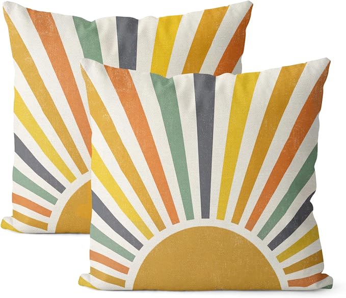 Boho Pillow Covers 20x20 Set of 2 Stripes Colorful Yellow Sunshine Decorative Pillow Cases Summer Rainbow Sun Outdoor Cushion Cover Cute Farmhouse Linen Decor Throw Pillows for Couch Sofa