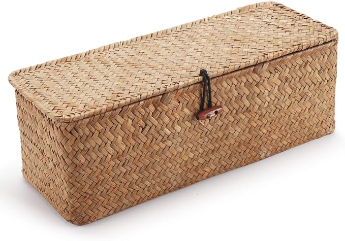 Seagrass Storage Basket with Lid Rectangular Small Woven Shelf Baskets with Sections for Organize Snack Toys Tampon