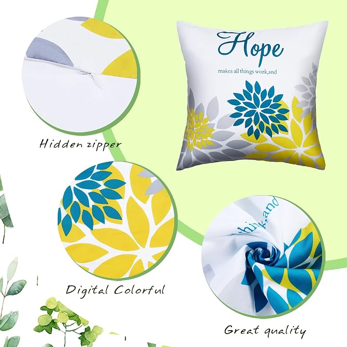 Tatuo 4 Pcs Flower Pillow Covers Square 18 x 18 Inch Blue Series | Pillow Cushion Cases for Sofa Bed, Family Faith Hope Love Words, Decorative Flower Pattern, Living Room Home Decor