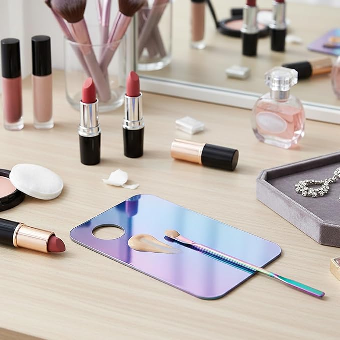 2 Set Acrylic Cosmetic Makeup Palette, Makeup Mixing Tray with Makeup Spatula for Cream Liquid Foundation Eye Shadow Lipsticks Nail Art Beauty Salon (Iridescent and Transparent)