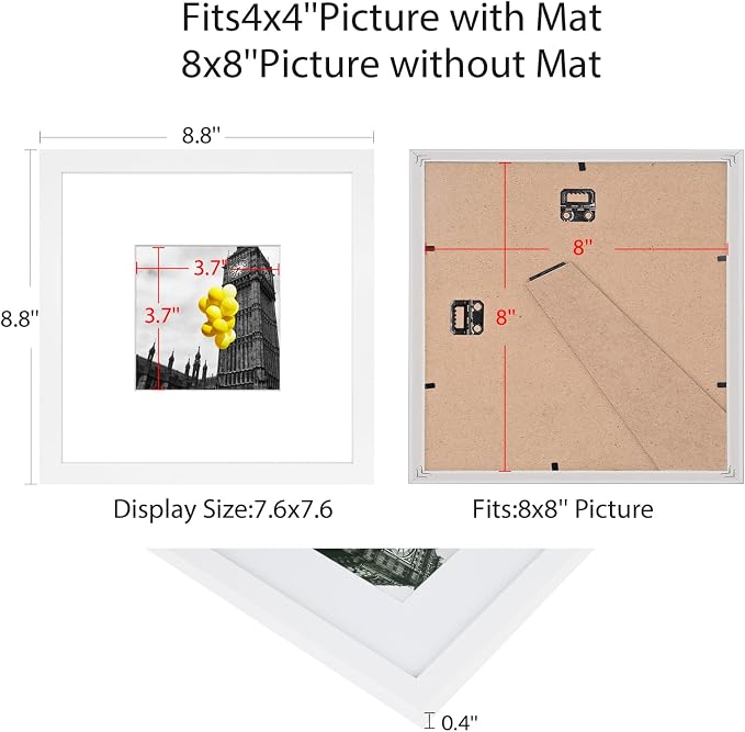 8x8 Picture Frame Set of 9, Display Pictures 4x4 with Mat or 8x8 without Mat, Multi Collage Gallery Square Photo Frames for Wall or Tabletop, White