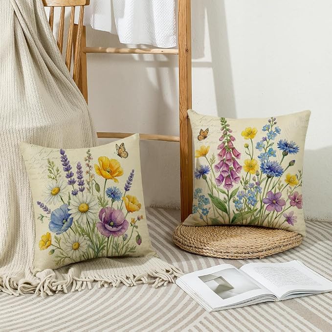 wyooxoo Throw Pillow Covers 20x20 Set of 4 Spring Pillow Covers Linen Flower Farmhouse Cushion Case for Sofa Couch Living Room Outdoor Home Decor