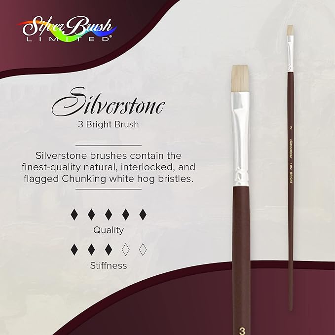 Silver Brush Limited 1102-3 Silverstone Bright Paintbrush for Oil Painting, Size 3, Long Handle