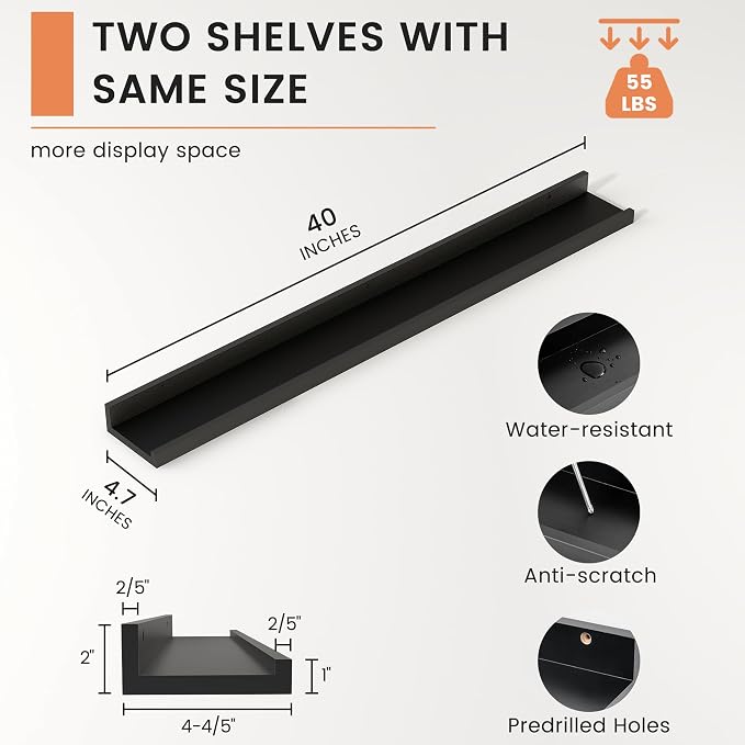 Picture Ledge Shelf, Floating Shelves for Wall, 40" W Set of 2, Black | FSC Certified Engineered Wood, Wall Mounted Bookshelf, for Nursery Living Room Bedroom, Pre-Drilled, Easy Install