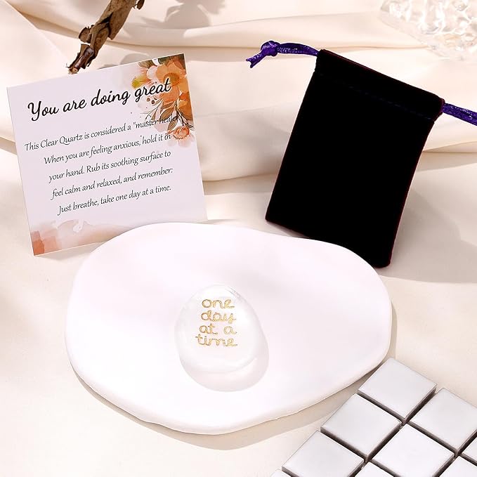 One Day at A Time Clear Quartz Thumb Worry Stone for Anxiety Crystals Hand Thumb Stones Pocket Thinking of You Gifts for women Inspirational Worry Stones for Stress Relief Sobriety Gifts for Her
