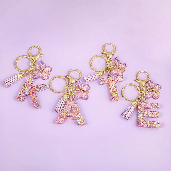 Fashion Alphabet Initial Letter Keychain Tassel Butterfly Pendant Key Ring for Purse Handbags Women Girl