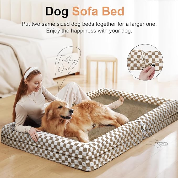 Orthopedic Dog Bed for Large Dogs, 36 x 27 Inch, Brown Grid | Egg crate foam for joint support, 3-sided bolster pet sofa, waterproof lining, washable cover, and non-skid base