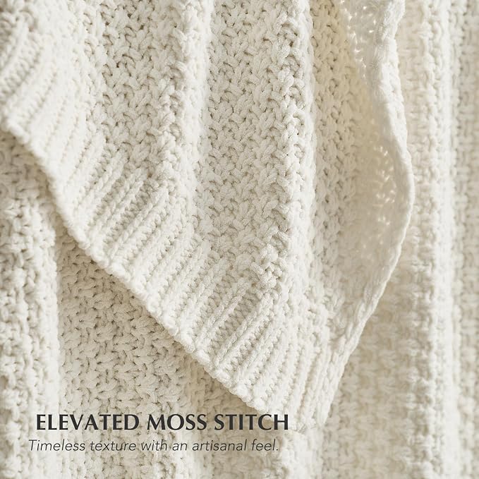 EVERGRACEHOME Chunky Chenille Knit Throw Blanket, 50 x 60, Bright White | Sculpted Moss Stitch, Chic Modern Farmhouse, All-Season Warmth, OEKO-TEX® Certified, Elegant Blanket for Couch, Bed, Sofa
