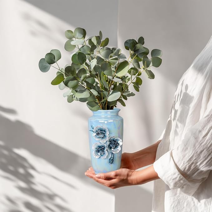 Blue Ceramic Vase 7 Inch - Small Decorative Vase with Floral Pattern, Ideal for Coastal & Modern Home Decor, Bathroom and Shelf Accent